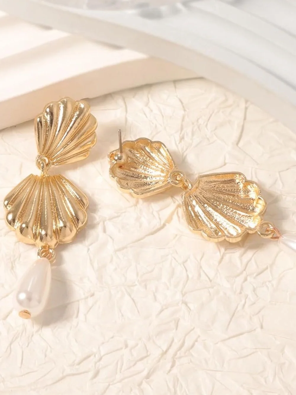 Zara Gold Shell Drop Earrings with White Pearl Teardrops